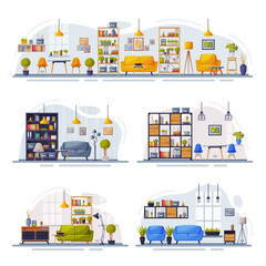 Cosy Room Interiors Design Collection, Modern Apartments with Comfy Furniture Vector Illustration