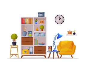 Cozy Room Interior Design with Comfy Furniture and Home Decoration Accessories in Trendy Style Vector Illustration