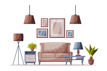 Cozy Room, Comfy Furniture and Home Decoration Accessories Vector Illustration on White Background