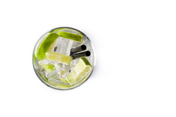 Caipiroska cocktail with lime isolated on white background.Top view. Copy space	