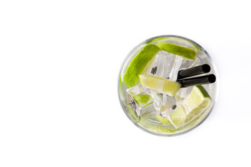 Caipiroska cocktail with lime isolated on white background.Top view. Copy space	