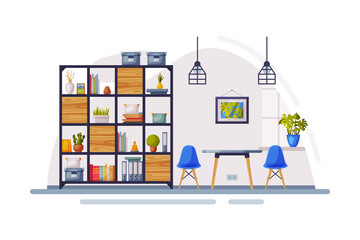 Modern Room Interior Design, Cozy Apartments with Comfy Furniture and Home Decor, Bookcase, Coffee Table, and Chairs Vector Illustration