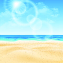 The ocean or sea. Sky with clouds and reflection of light in the water surface, romantic fantasy on the background of a natural scene. Cartoon vector illustration