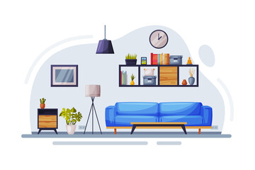 Modern Room Interior Design, Cozy Apartments with Comfy Furniture and Home Decor, Wooden Bookshelf, and Sofa Vector Illustration