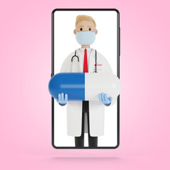 Male doctor with a big blue tablet in the smartphone screen. 3D illustration in cartoon style.