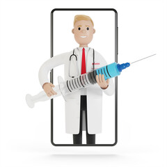 Male doctor with a large syringe in the smartphone screen. 3D illustration in cartoon style.