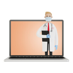 Laptop screen with male doctor. Online health insurance concept. The doctor holds the contract. 3D illustration in cartoon style.