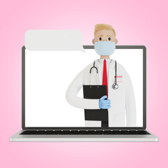 Laptop screen with male doctor. Online health insurance concept. The doctor holds the contract. 3D illustration in cartoon style.