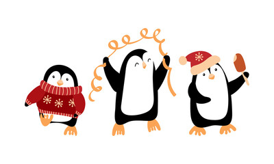 Cute cartoon penguins celebrating Christmas. Funny characters isolated on white background. Vector illustration.