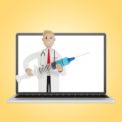 Male doctor with a big syringe in the laptop screen. 3D illustration in cartoon style.