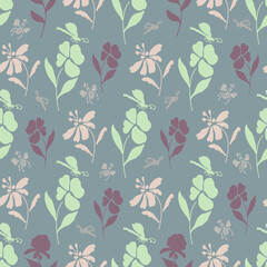 seamless pattern, vector, freehand drawing, flowers,dragonfly