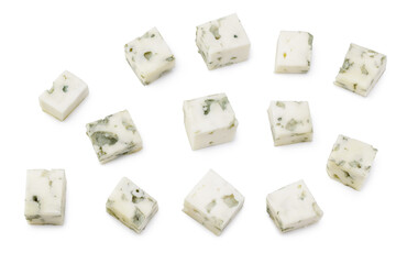 cut of blue cheese isolated on white background. top view