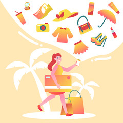 A woman shopping for holiday needs via online store illustration