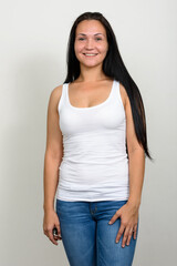 Portrait of happy beautiful woman against white background