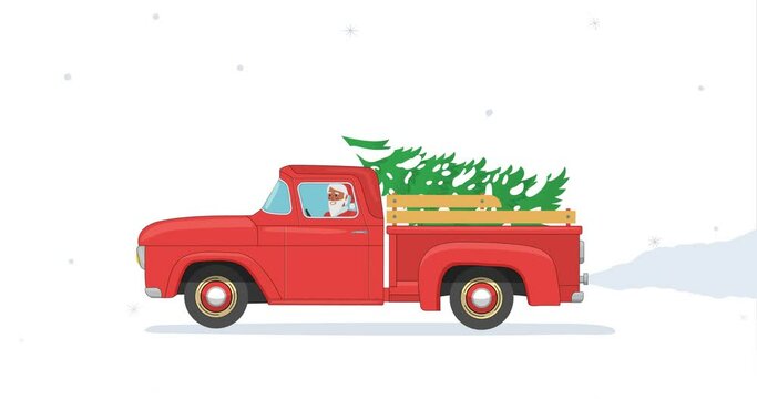Santa Claus rides in old red retro pickup with Christmas tree