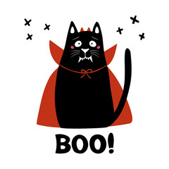Cute cartoon cat wear vampire costume with fangs, horns and red cloak. Doodle cross elements and boo word. Halloween greeting card. Isolated on white background. Vector stock illustration.