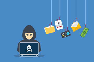 Hacker with laptop computer stealing confidential data, personal information and credit card detail. Hacking concept.	
