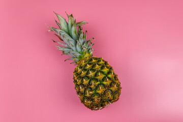 One whole pineapple on pink background. Top view