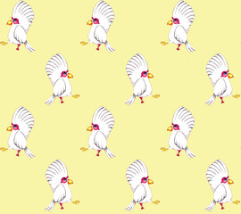 Seamless pattern with children's illustration on a yellow background. Pirate white parrot with an eye patch and a prosthesis.