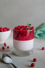 Delicious italian pana cotta with ripe red currant. Fresh healthy dessert in glass with bright berries and mint leaves. Fragrant pannacotta on the table