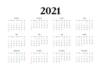 Calendar for 2021 isolated on a white background
