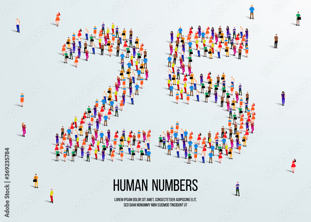 Fototapete large group of people form to create number 25 or twenty five. people font or number. vector illustr