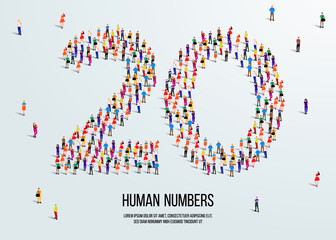 large group of people form to create number 20 or twenty. people font or number. vector illustration of number 20.