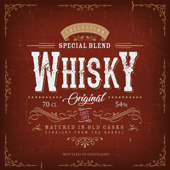 Vintage Whisky Label For Bottle/ Illustration of a vintage design elegant whisky label, with crafted letterring, specific product mentions, textures and celtic patterns, on blue and gold background - 369235776