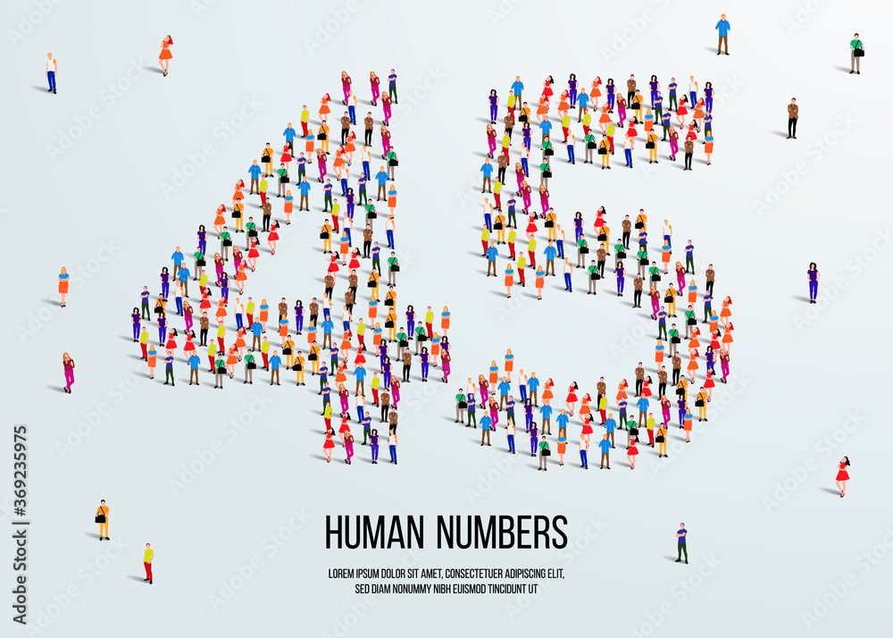 Fototapete large group of people form to create number 45 or forty five. people font or number. vector illustra