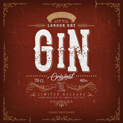 Vintage London Gin Label For Bottle/ Illustration of a vintage design elegant london dry gin label, with crafted lettering, specific product mentions, textures and hand drawn patterns - 369235922