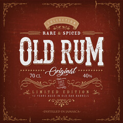 Vintage Old Rum Label For Bottle/ Illustration of a vintage design elegant rum beverage label, with crafted letterring, specific product mentions, textures and floral patterns - 369235973