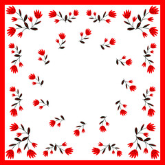 Print for kerchief, bandana, scarf, handkerchief, shawl, neck scarf. Squared pattern with ornament for fabric, textile, silk products. Paisley vector with flowers in nordic style.Floral folk tracery.