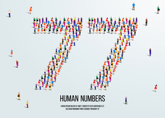 large group of people form to create number 77 or seventy seven. people font or number. vector illustration of number 77.