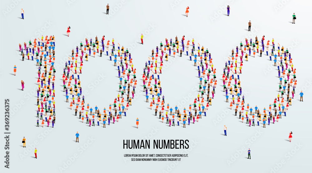 Fototapete large group of people form to create number 1000 or one thousand. people font or number. vector illu