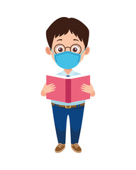 little student boy wearing medical mask reading book