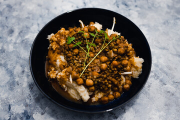 plant-based food, vegan rice and beans with mexican spices and cilantro topping