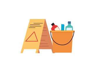 Cleaning utensils in bucket on white background