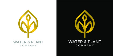 Water & Plant Logo Simple Design. Water Drop + Plant Gold Icon Symbol.