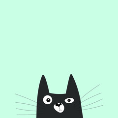 Black cat looking curiously. Funny face head silhouette. Card or poster design ready for print.
