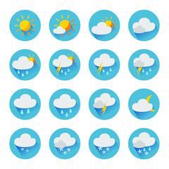 Fototapeta premium Weather icons sun and clouds in sky, rain with snow, thunder and lightning. Flat vector weather and meteorology for mobile and web application