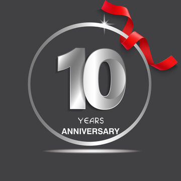 10 years anniversary logotype design with red ribbon, Vector template for celebration company event, greeting card, and invitation card