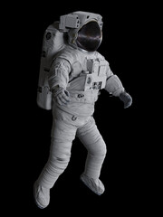 astronaut flying in outer space, isolated on black background