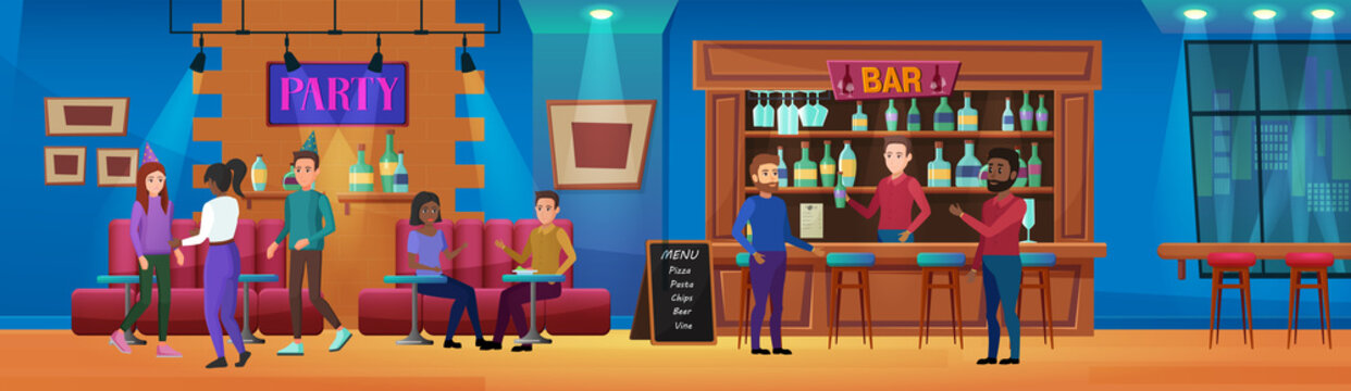 People on nightlife fun bar party vector illustration. Cartoon flat man woman friend characters talking, sitting at tables, ordering alcohol drinks from bartender at counter of nightclub background