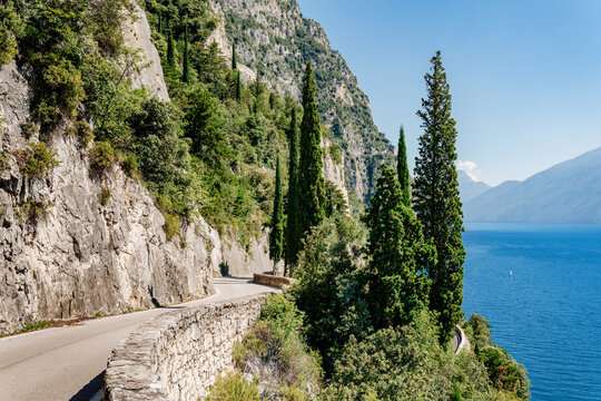 Della Forra road over blue lake Garda, Lombardy, Northern Italy