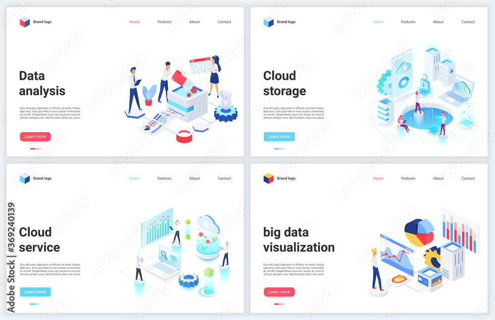 Aufkleber Isometric digital technology of big data analysis vector illustrations. Cartoon 3d mobile website design, concept banner set for database cloud storage services, analyzing and storing tech information