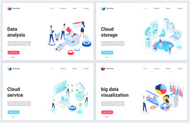 Obraz na płótnie Canvas Isometric digital technology of big data analysis vector illustrations. Cartoon 3d mobile website design, concept banner set for database cloud storage services, analyzing and storing tech information