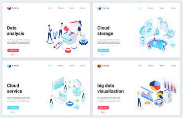 Isometric digital technology of big data analysis vector illustrations. Cartoon 3d mobile website design, concept banner set for database cloud storage services, analyzing and storing tech information