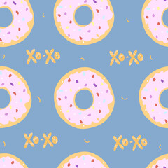 Fototapeta na wymiar Cute donut patten. Vector illustration on a blue background.