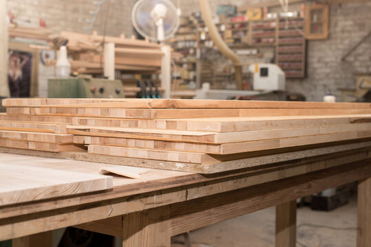 Wood boards, parquet drying on wood factory. Wood processing on factory.