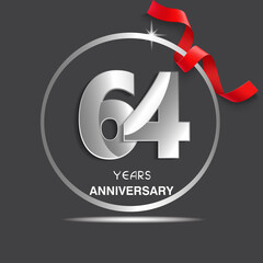 64 years anniversary logotype design with red ribbon, Vector template for celebration company event, greeting card, and invitation card